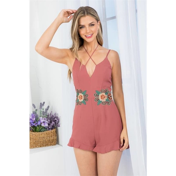 Mauve Embroidered Floral Spaghetti Sleeve Romper - Picture 4 of 7